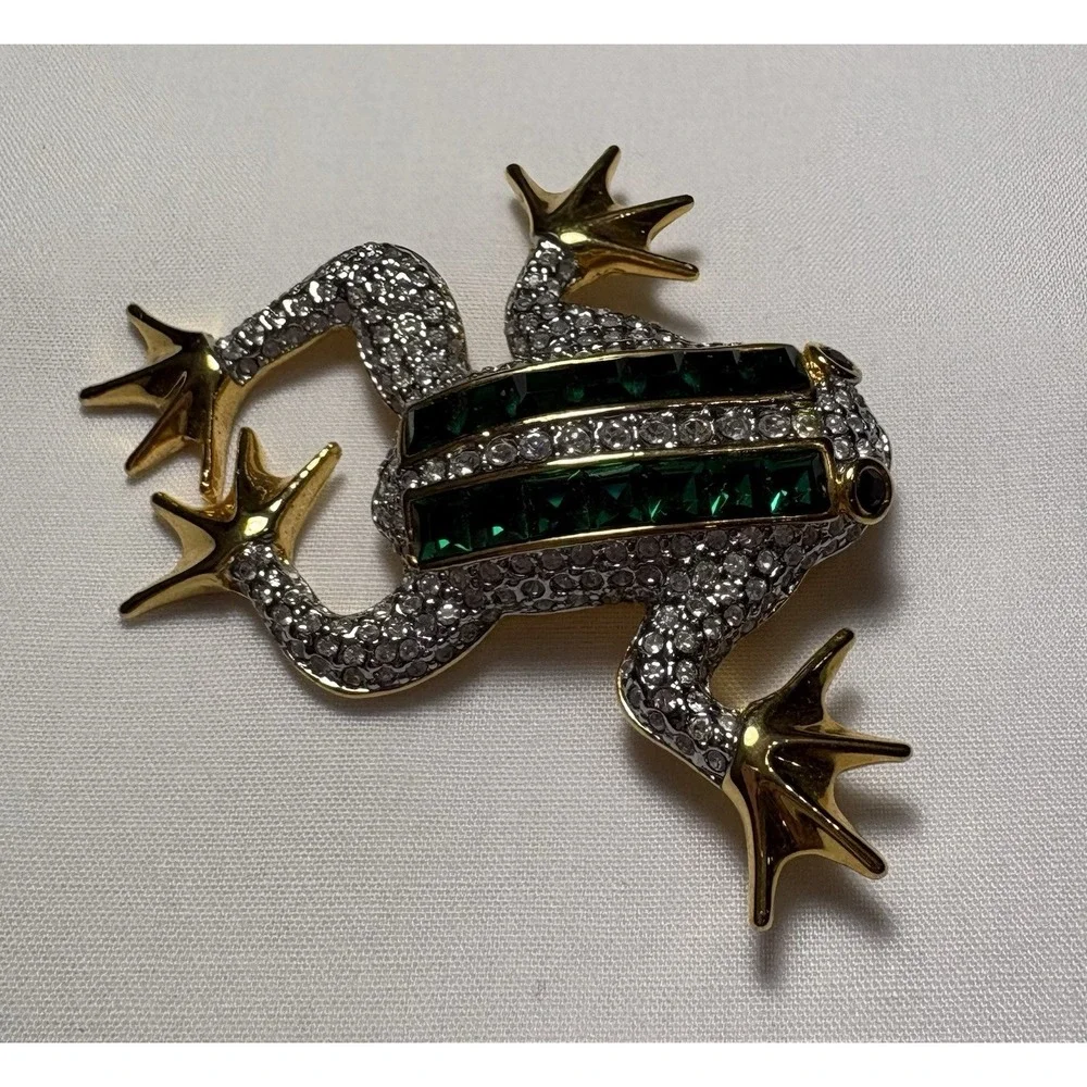 Vintage 80s 90s Rhinestone Frog Brooch Pin Emerald Baguette Crown 2.5